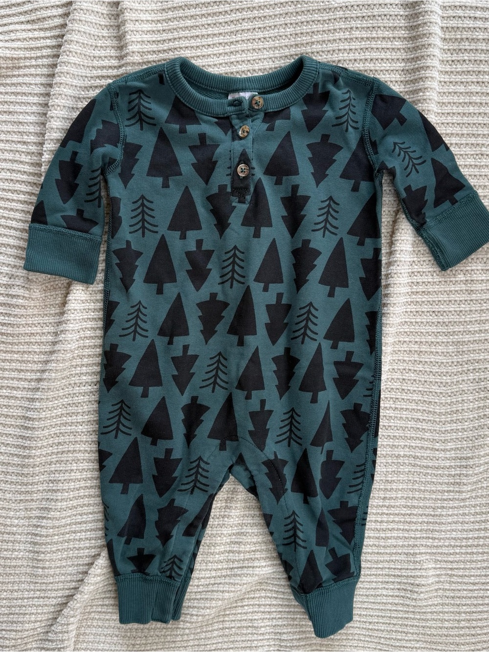 Hanna Andersson Organic French Terry Tree Henley Romper Jumpsuit Green Teal 6-12